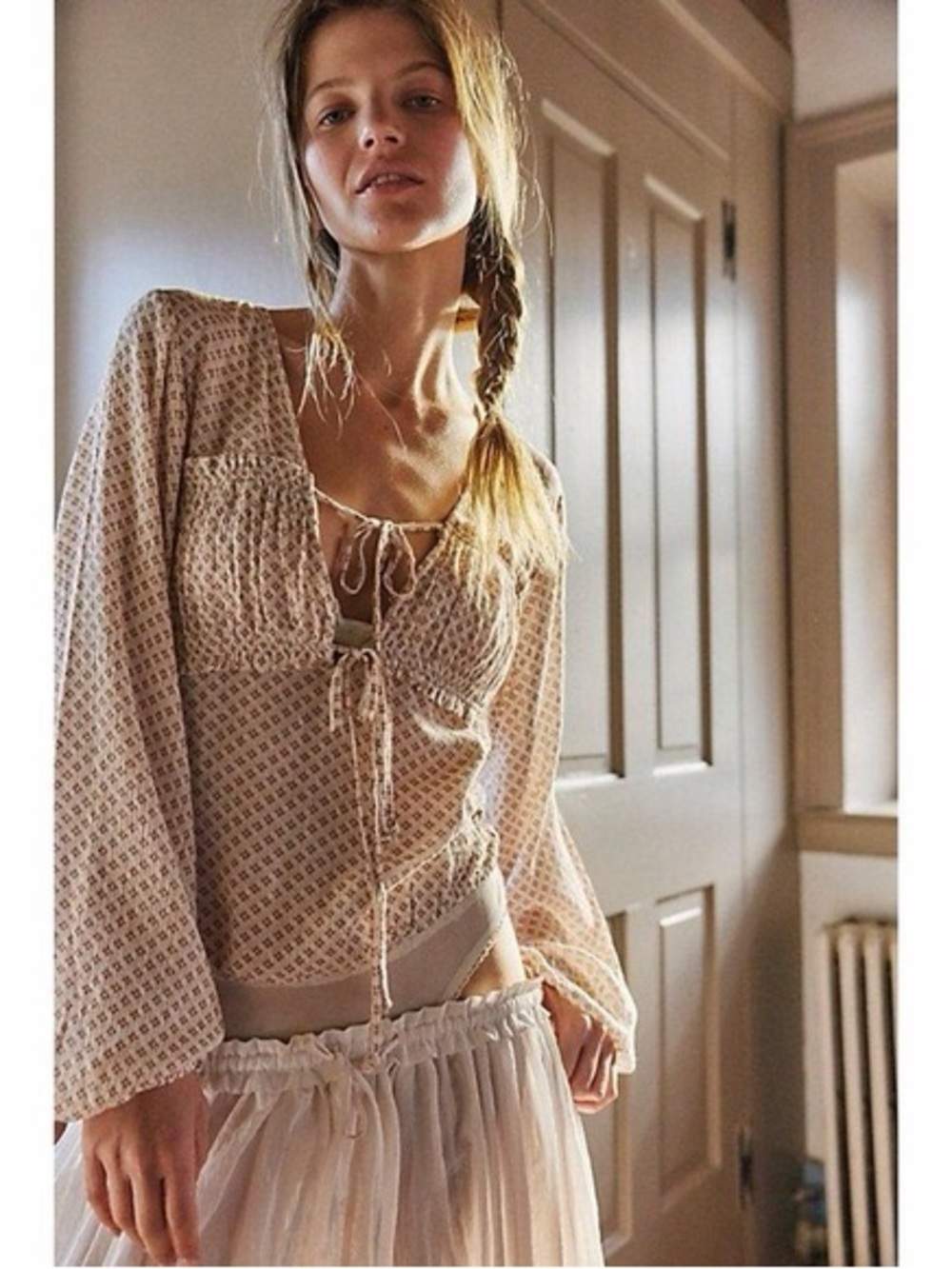 Free People Floral Cottagecore Bodysuit Top XS Boho Tie Front Long Sleeve